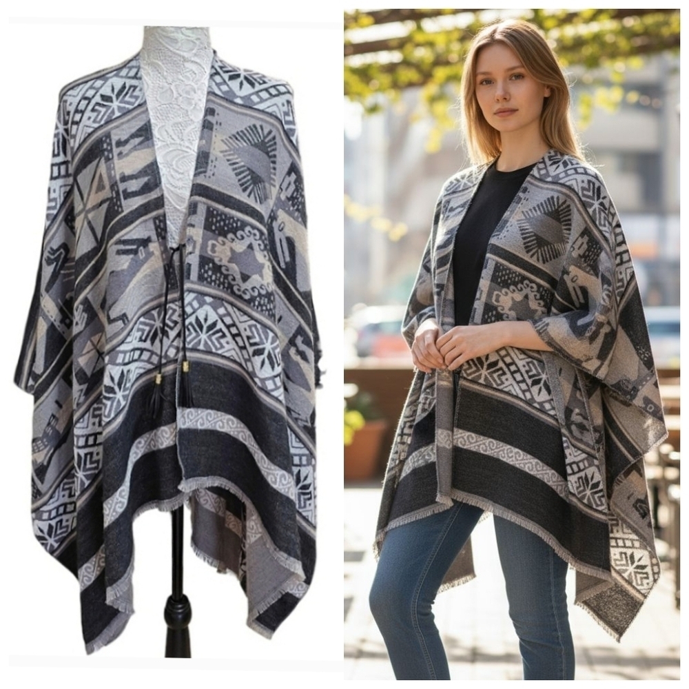 Marc New York Poncho One Size Gray Southwestern Aztec Warm Cozy Western Outdoor